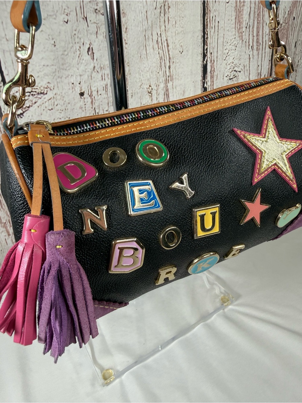 Vintage Y2K Dooney & Bourke Lindsay Lohan Alphabet Charm Leather Shoulder Bag - Picture 2 of 16